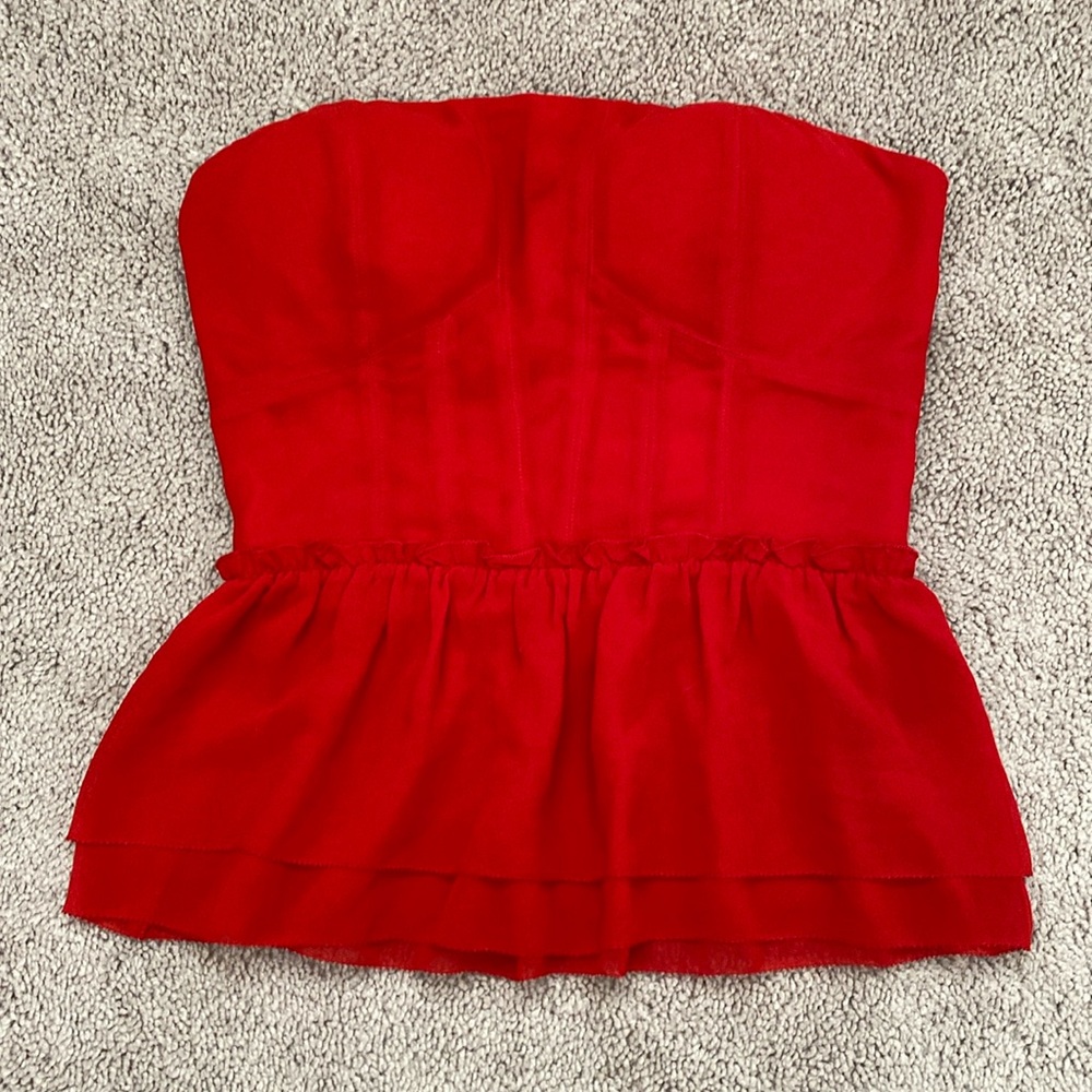 Bebe Red Smocked Peplum Bustier Top Size XS